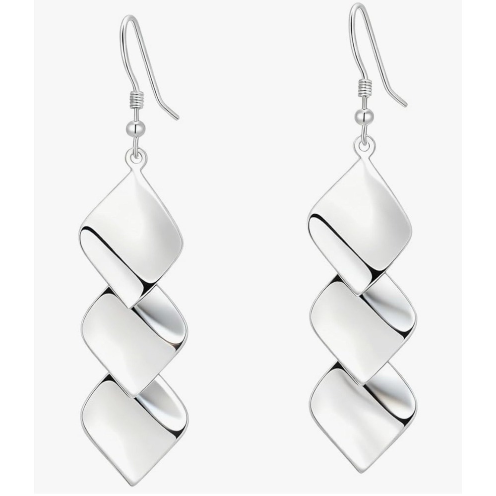 Silver Tone Metal Square Dangle/Drop Earrings Hook Closure No Stone